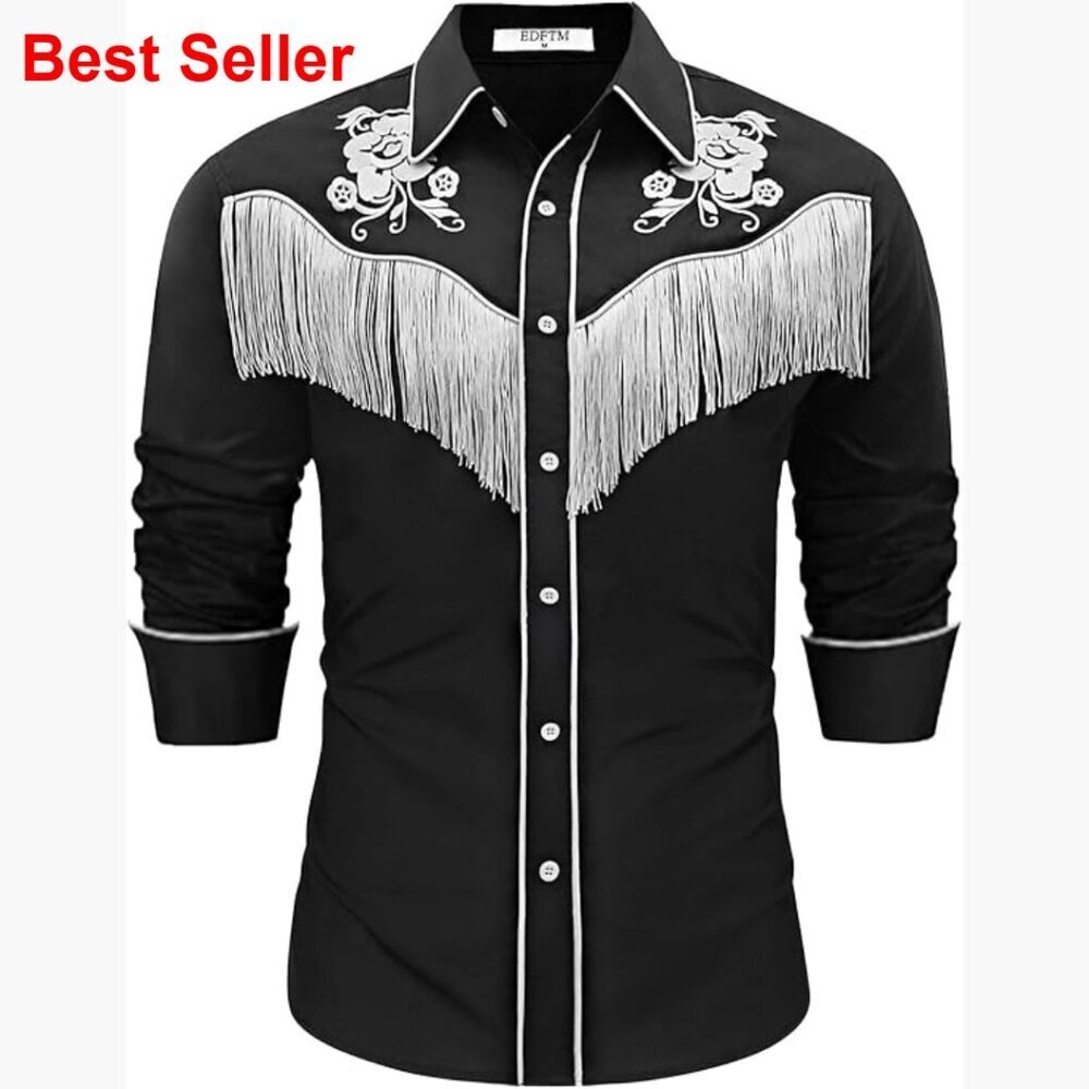 Men's Western Cowboy Fringe Shirt Long Sleeve Button Down Embroidered